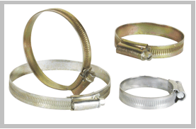 Four worm drive clips of different diameters, brass and steel banded, of the jubilee-clip pattern supplied for clamping screen and armour connections